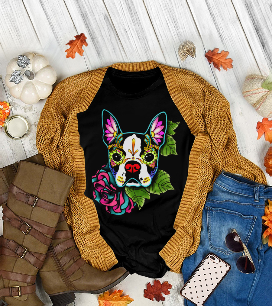 Boston Terrier Day Of The Dead Sugar Skull Rose Floral T-Shirt