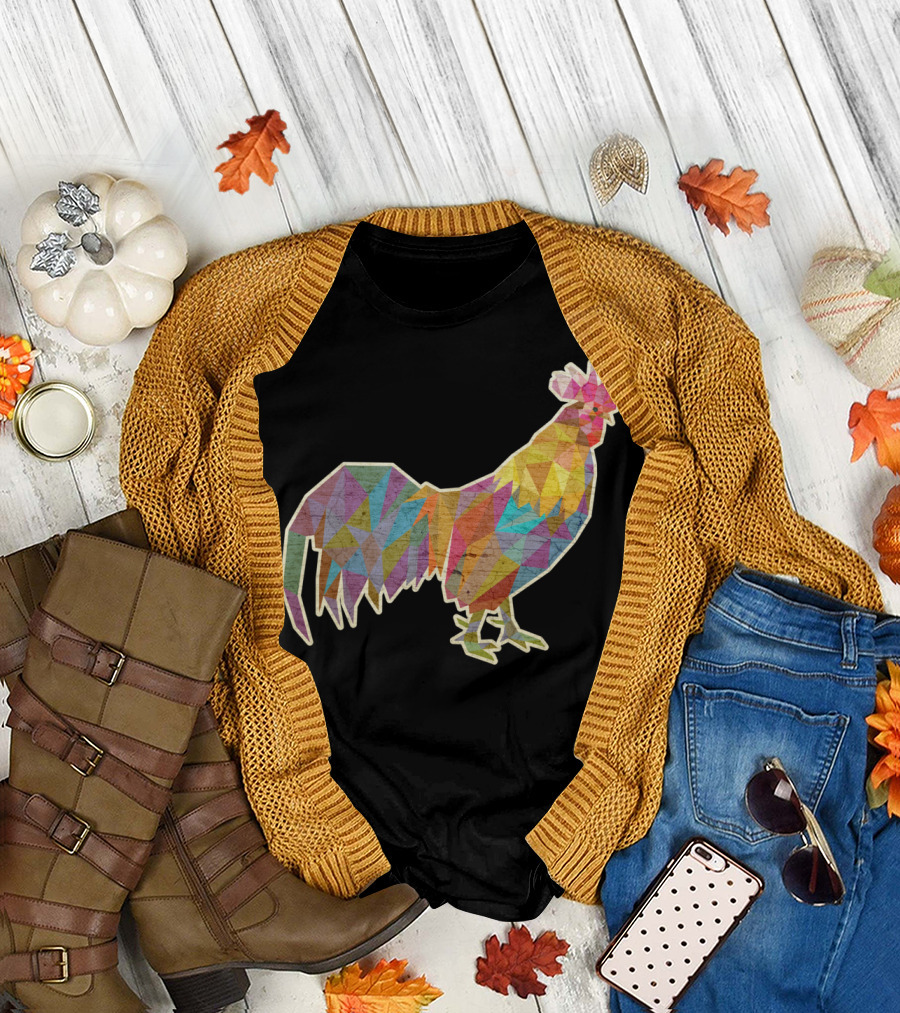 Rooster Low Polygon Multicolored Triangles T-Shirt