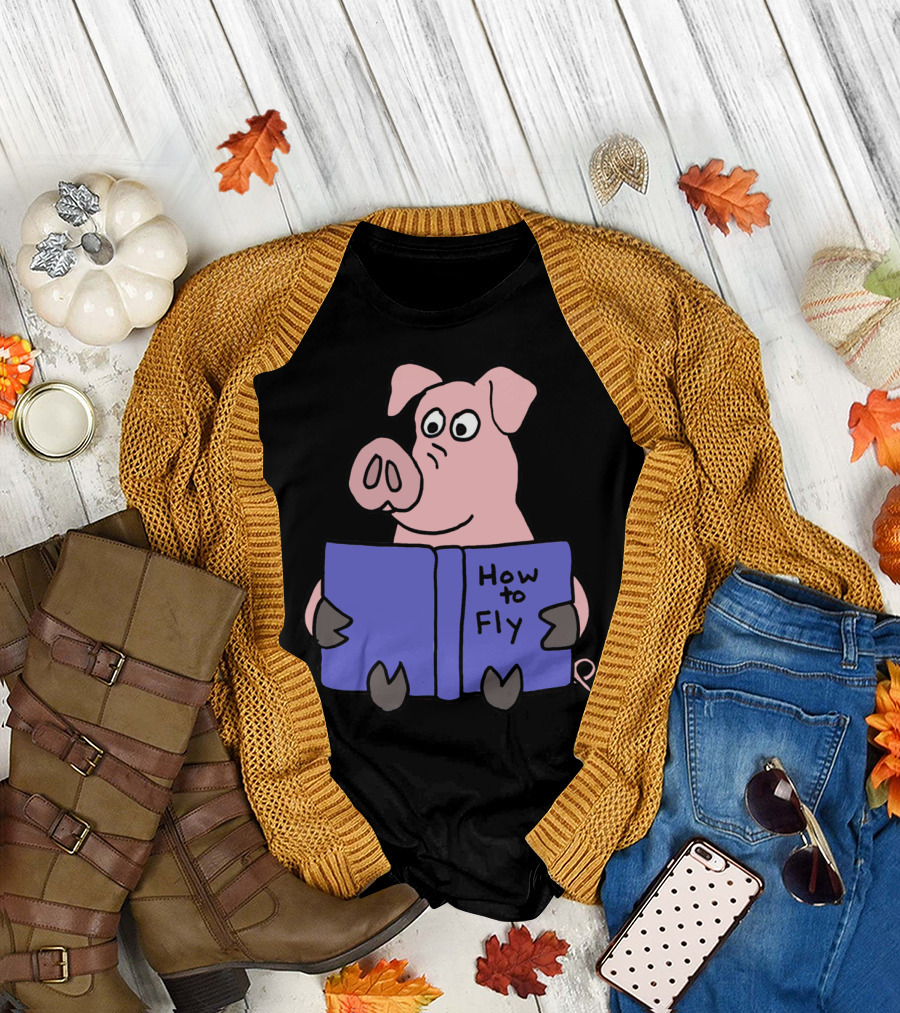 Funny Pink Pig Reading How to Fly Book T-Shirt
