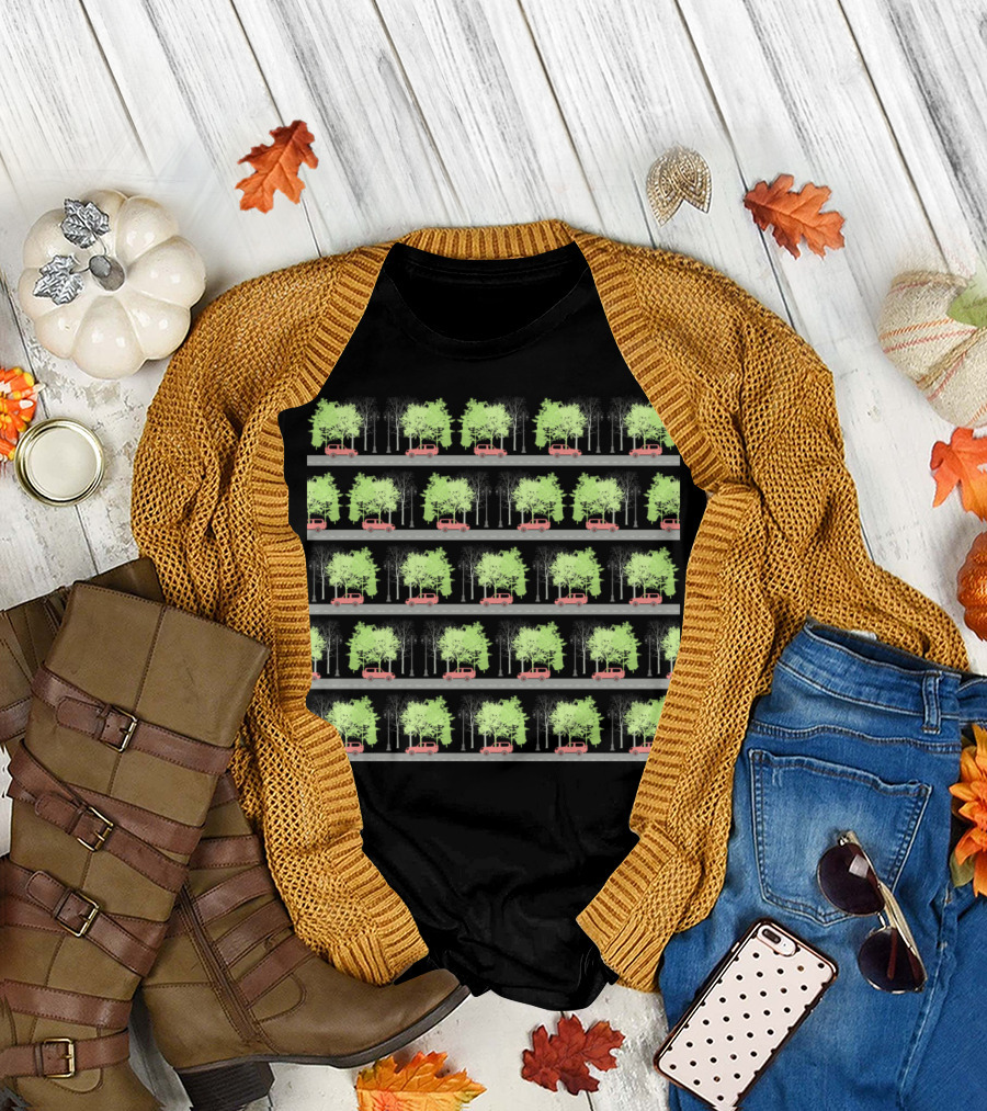 Cars and Trees Pattern with Rows of Green Trees and Red Cars T-Shirt