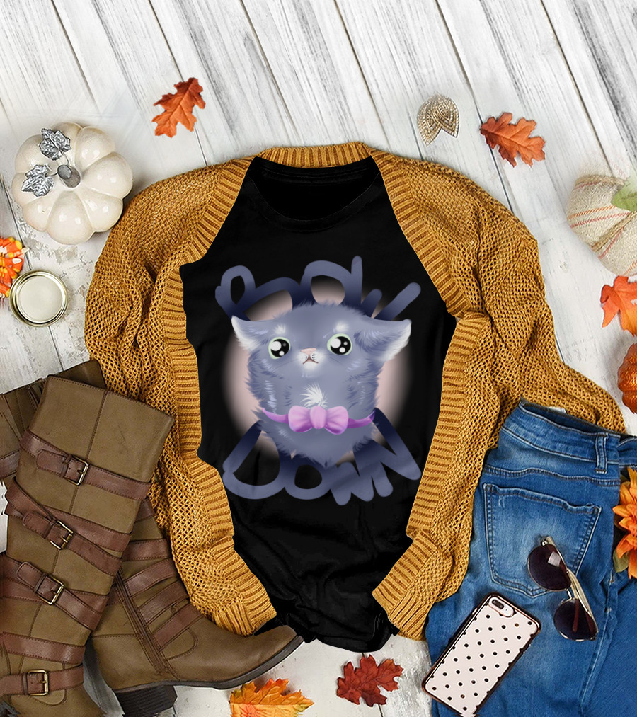 Bow Down Cute Fluffy Kitten with Purple Bow Tie T-Shirt