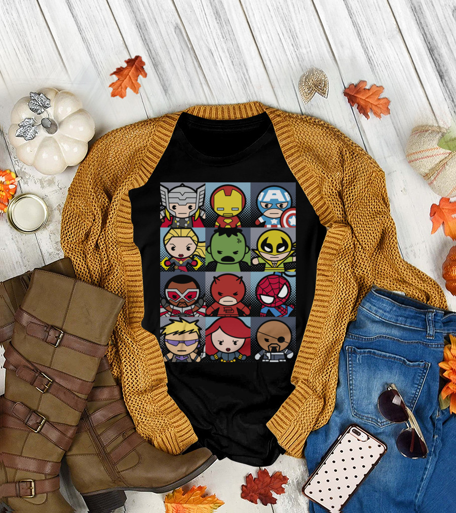 Chibi Avengers Thor Iron Man Captain America Hulk Wolverine Falcon Daredevil Spider-Man Hawkeye Black Widow Nick Fury T-Shirt