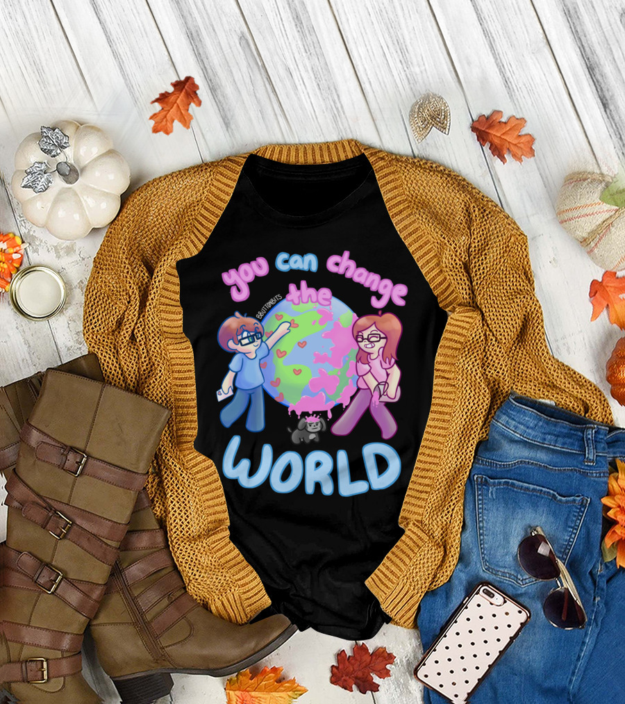You Can Change the World Cute Cartoon Characters Painting Earth with Hearts T-Shirt