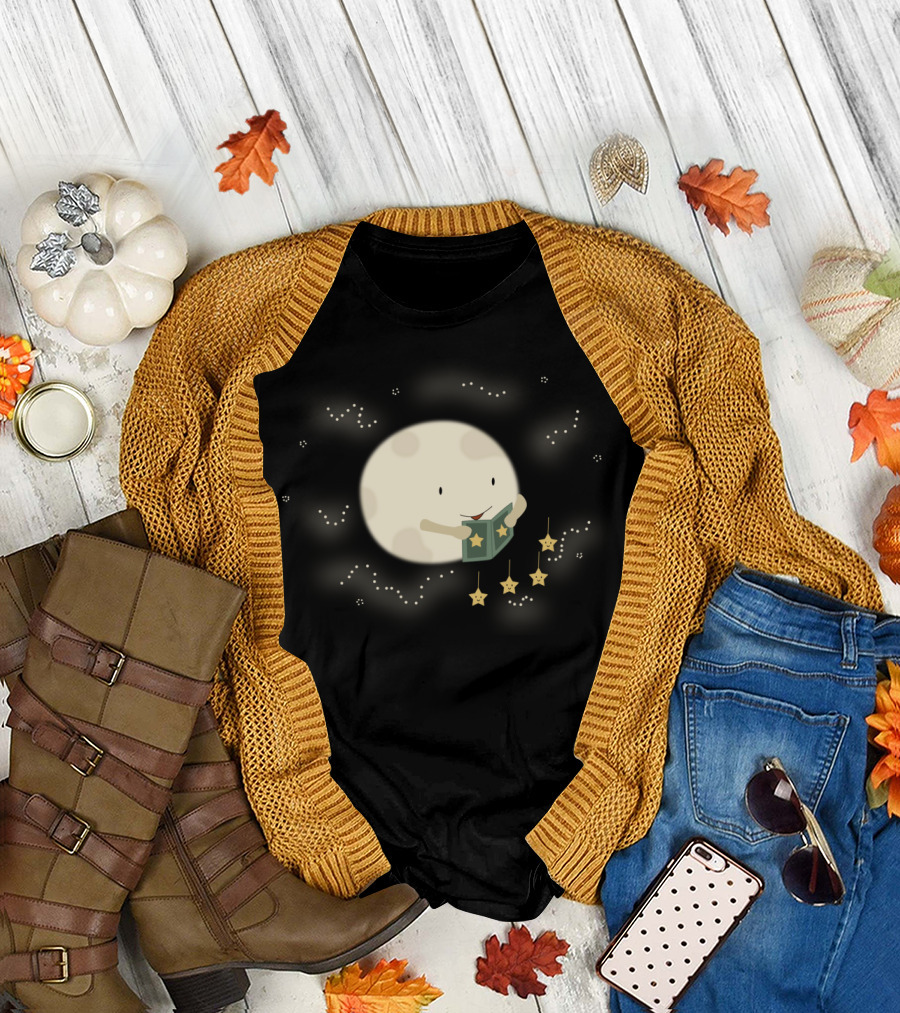 Moon Reading Stars and Book Under Night Sky T-Shirt