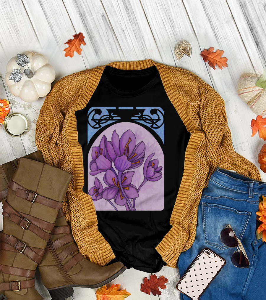 Art Nouveau Saffron Crocus Purple Flowers in Decorative Frame T-Shirt