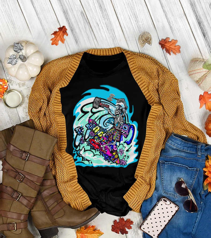 Zombie Skeleton Riding Surf Wave with Hammer on Colorful Shark Board T-Shirt