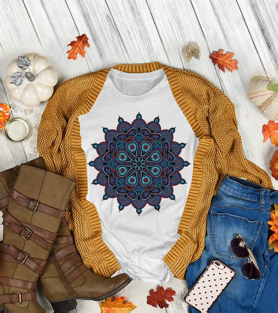Doodle Mandala Red Blue Intricate Symmetrical T-Shirt