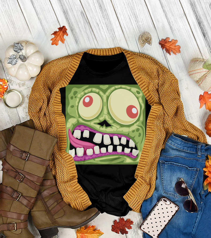 Zombie Cartoon Face with Bulging Eyes and Crooked Smile T-Shirt