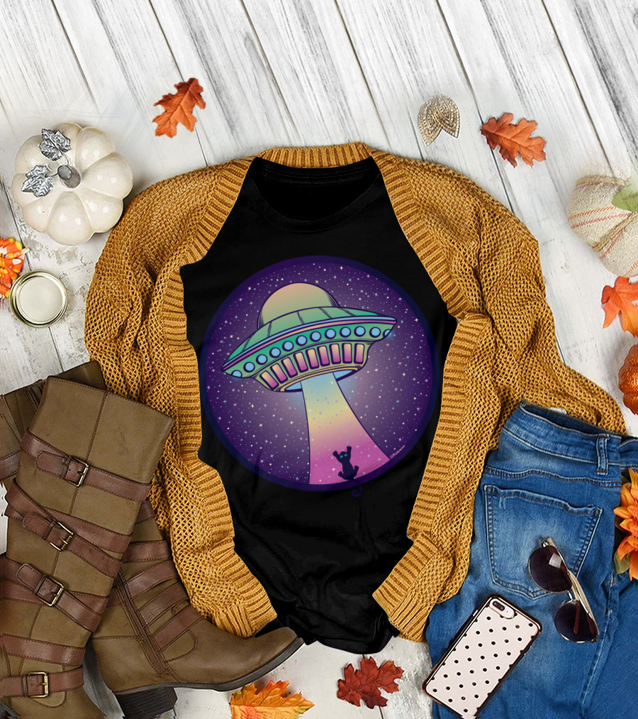 UFO Cat Abduction Under Starlit Sky T-Shirt