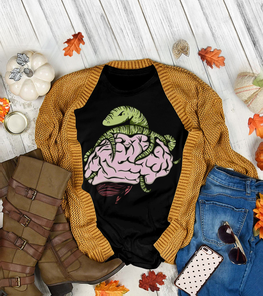 Brain Worm with Serpentine Creature Wrapped Around Brain T-Shirt