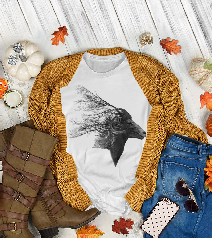 Double Exposed Mountain Goat Branches Fusion T-Shirt