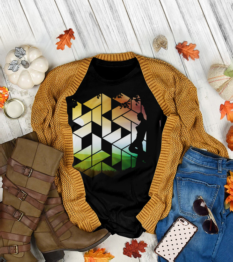 Geometric Art Work Human And Nature Silhouette at Sunset T-Shirt