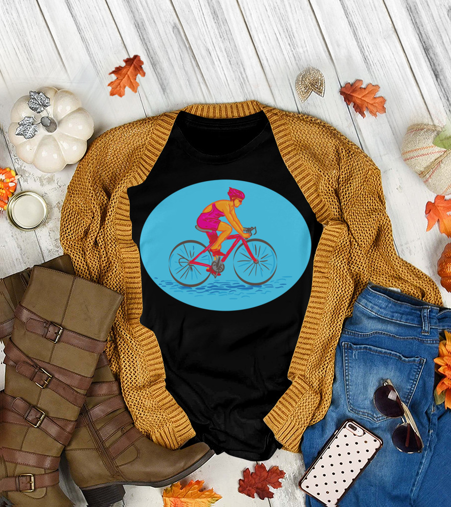 Female Cyclist Riding Bike Drawing Vibrant Pink and Orange Rider Oval Background T-Shirt