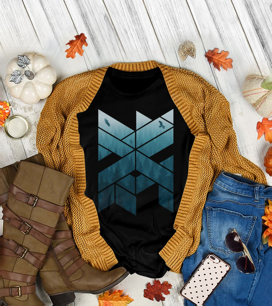 Geometric Misty Pine Forest Eagles Triangular Landscape T-Shirt