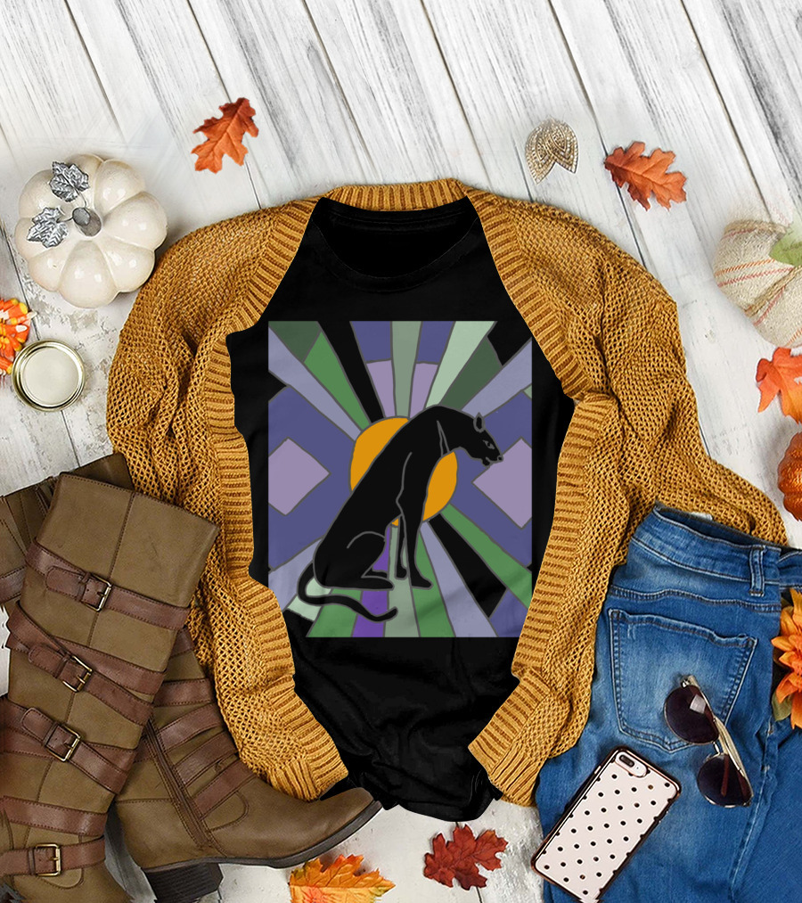 Artistic Panther Cat in Vibrant Art Deco T-Shirt