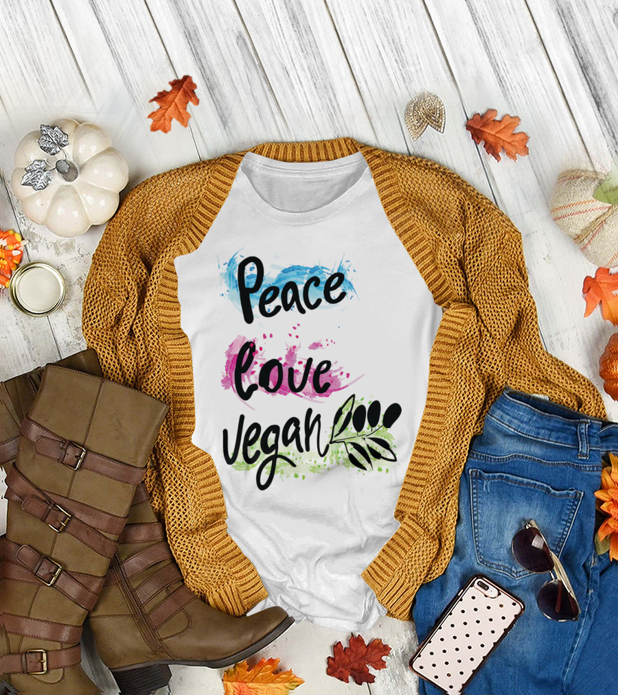Peace Love Vegan Paint Stroke Leaf Olive T-Shirt