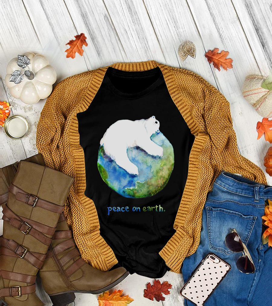 Peace on Earth Polar Bear Embrace Earth Watercolor T-Shirt