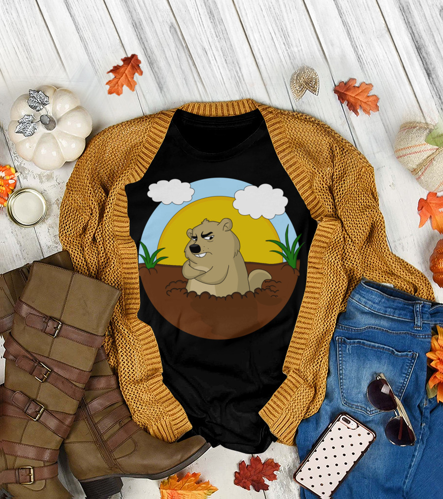 Groundhog Day Grumpy Cartoon Groundhog Emerging from Burrow with Sun and Clouds T-Shirt