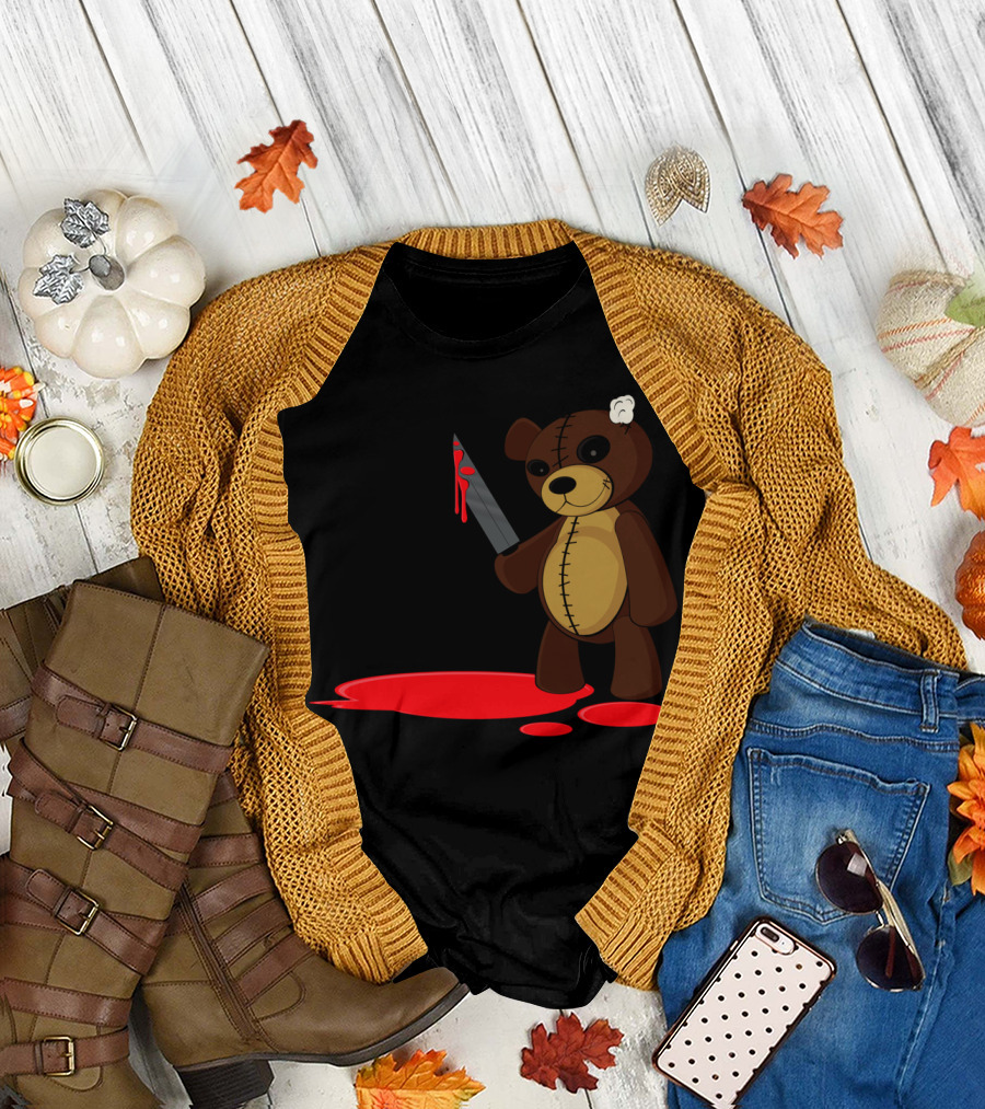 Psycho Bear Holding Bloody Knife with Stitched Ear T-Shirt