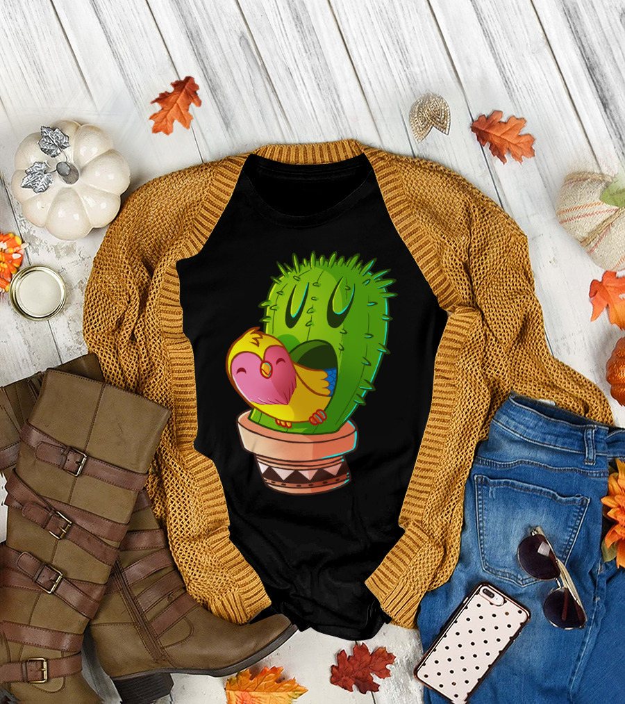 Cactus Bird Happy Vibrant Friendship Green Cactus Pink Bird T-Shirt