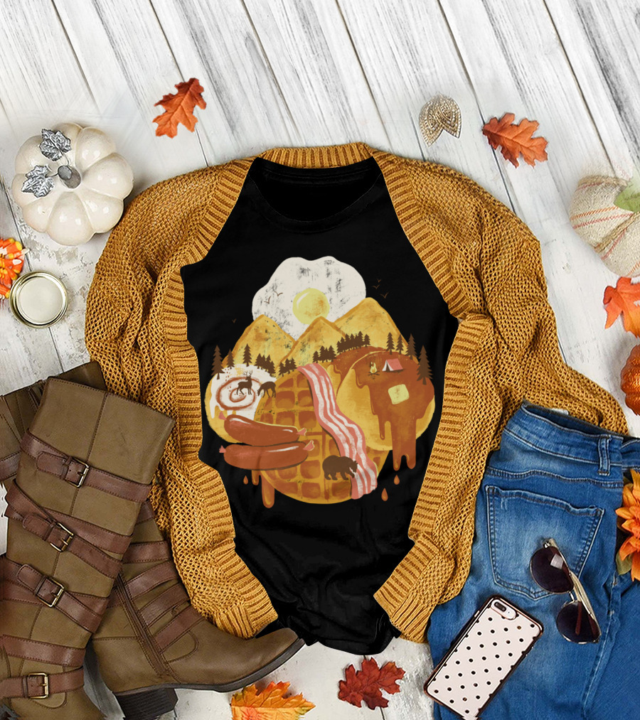 Waffle Pancake Mountains with Bacon Sunrise and Forest Scene T-Shirt