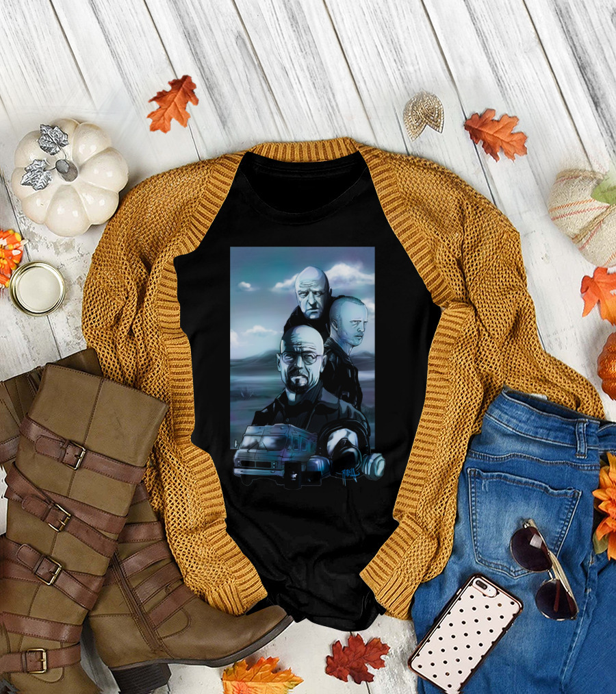 Breaking Bad Tribute Walter White Mike Ehrmantraut Jesse Pinkman RV Meth Lab Cloudy Sky T-Shirt