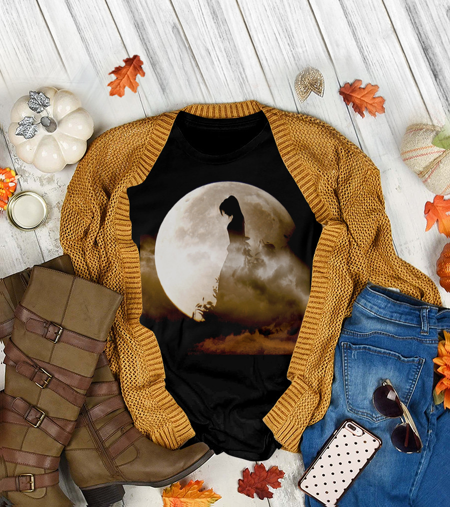 The Enigmatic Silhouette Against the Full Moon Clouded Night T-Shirt