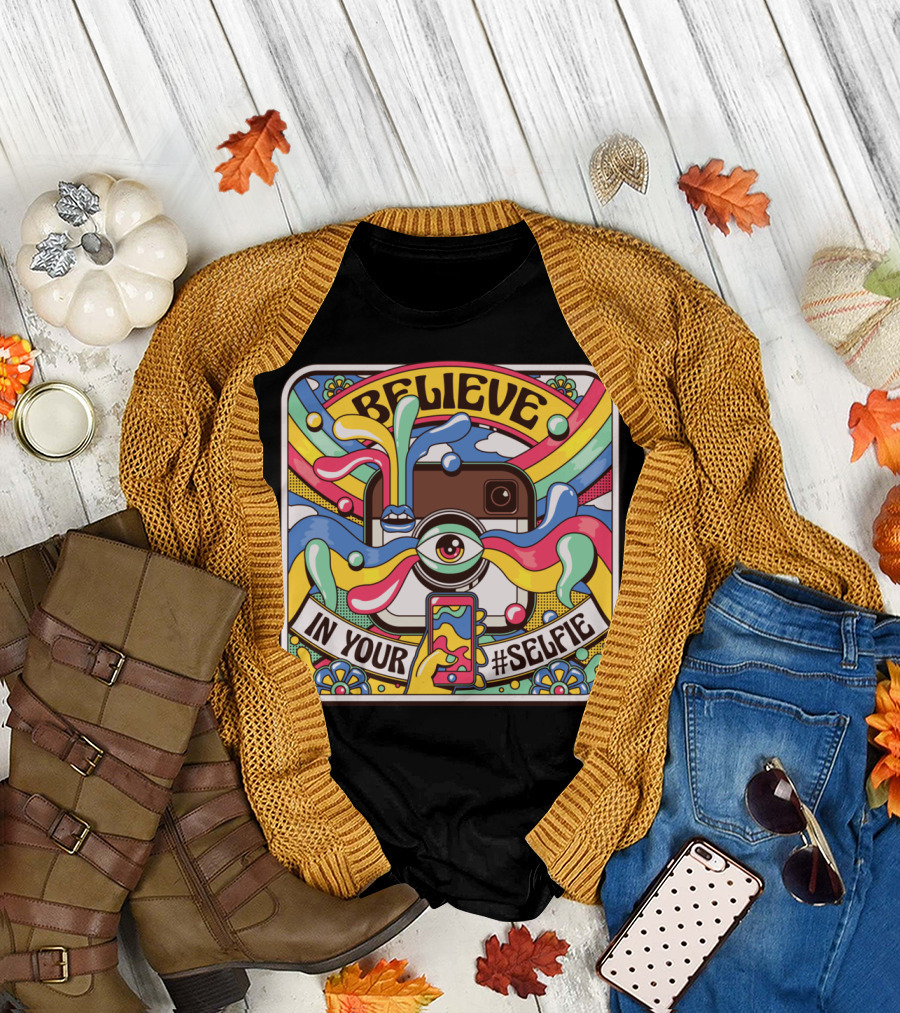 Believe In Your #Selfie Retro Camera Eye Rainbow Burst T-Shirt