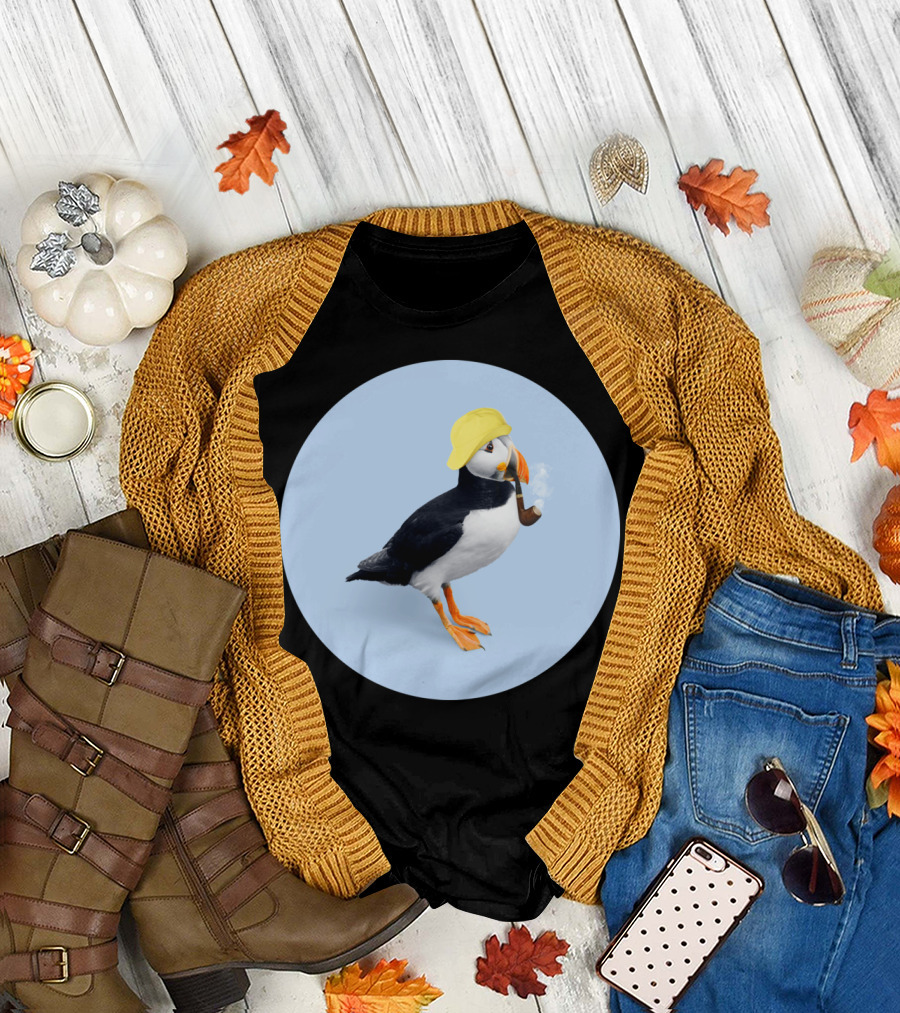 PUFFIN Smoking Pipe Wearing Yellow Fisherman Hat T-Shirt