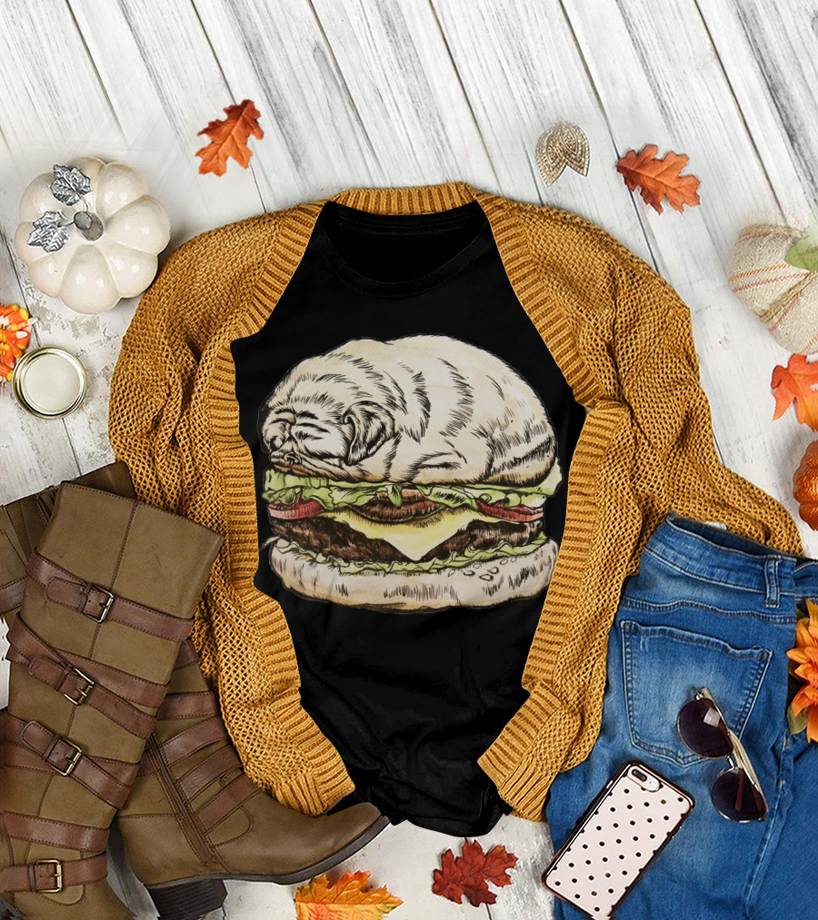 Pug Burger Sleeping on Cheeseburger Bun Lettuce Tomato T-Shirt