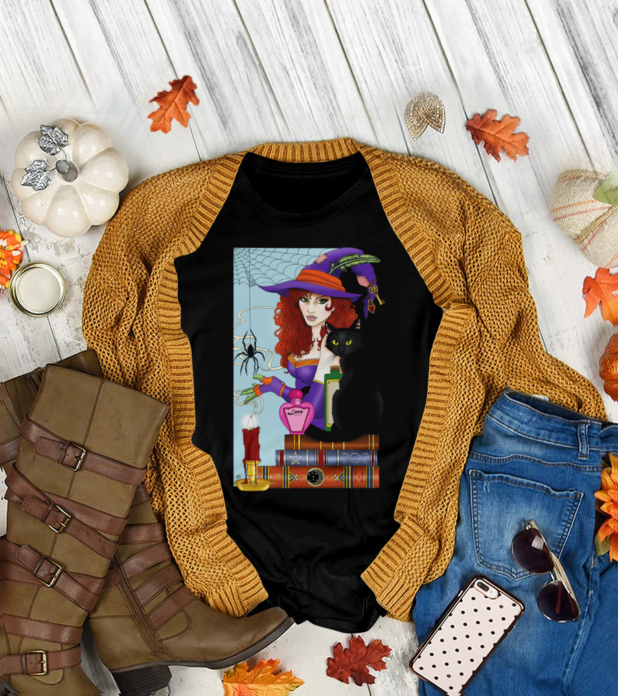 Cat Book And Candle Witch's Potion Spider Web T-Shirt