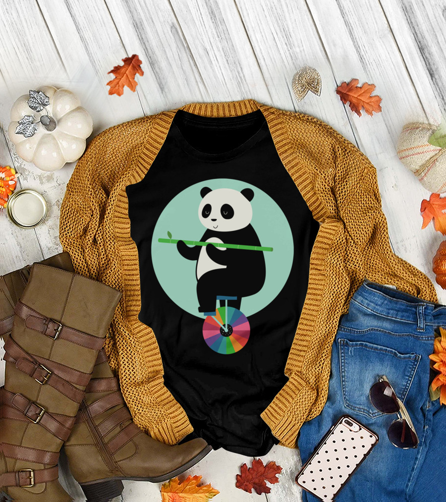 Panda Balancing on Colorful Wheel with Bamboo Learn To Balance Your Life T-Shirt