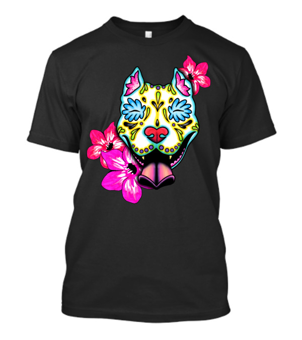 Slobbering Day Of The Dead Pit Bull With Flowers T-Shirt