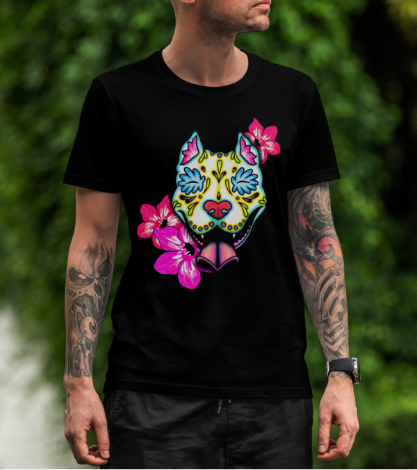 Slobbering Day Of The Dead Pit Bull With Flowers T-Shirt