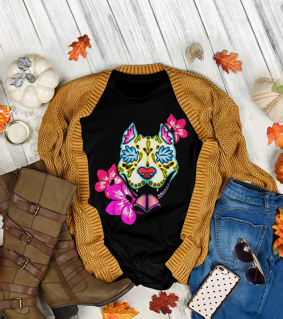 Slobbering Day Of The Dead Pit Bull With Flowers T-Shirt