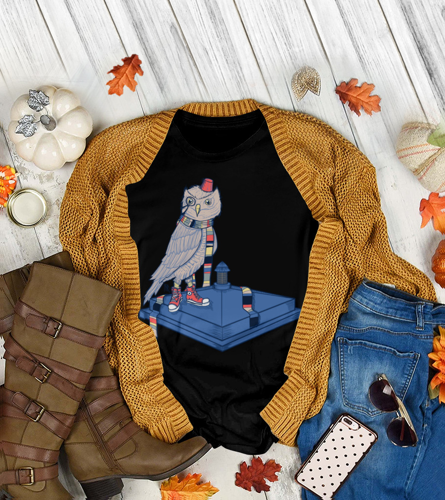 Doctor Hoot Owl with Fez and Scarf on TARDIS T-Shirt