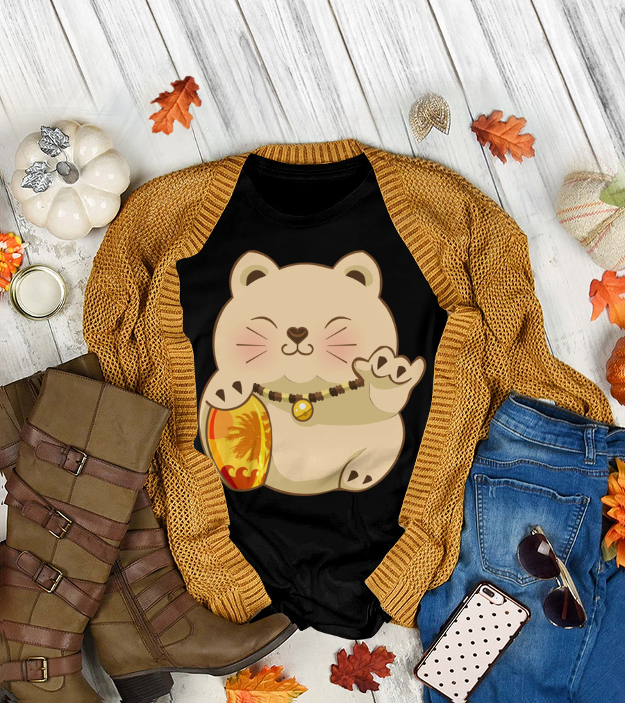 LUCKY SHAKA CHILLING CAT WITH SURFBOARD AND BEADED NECKLACE T-Shirt