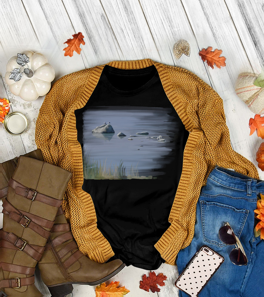 Gull Siesta Tranquil Water Scene with Birds on Rocks T-Shirt