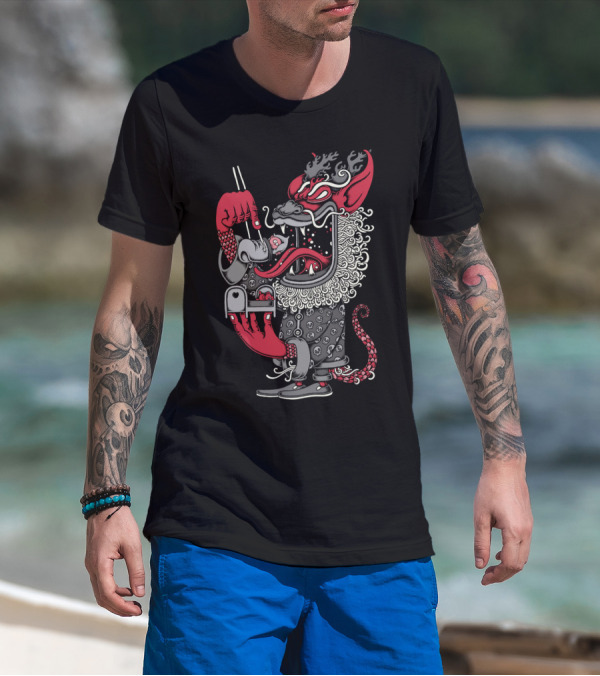 Dragon Cop Eating Noodles With Skull Pattern Suit T-Shirt
