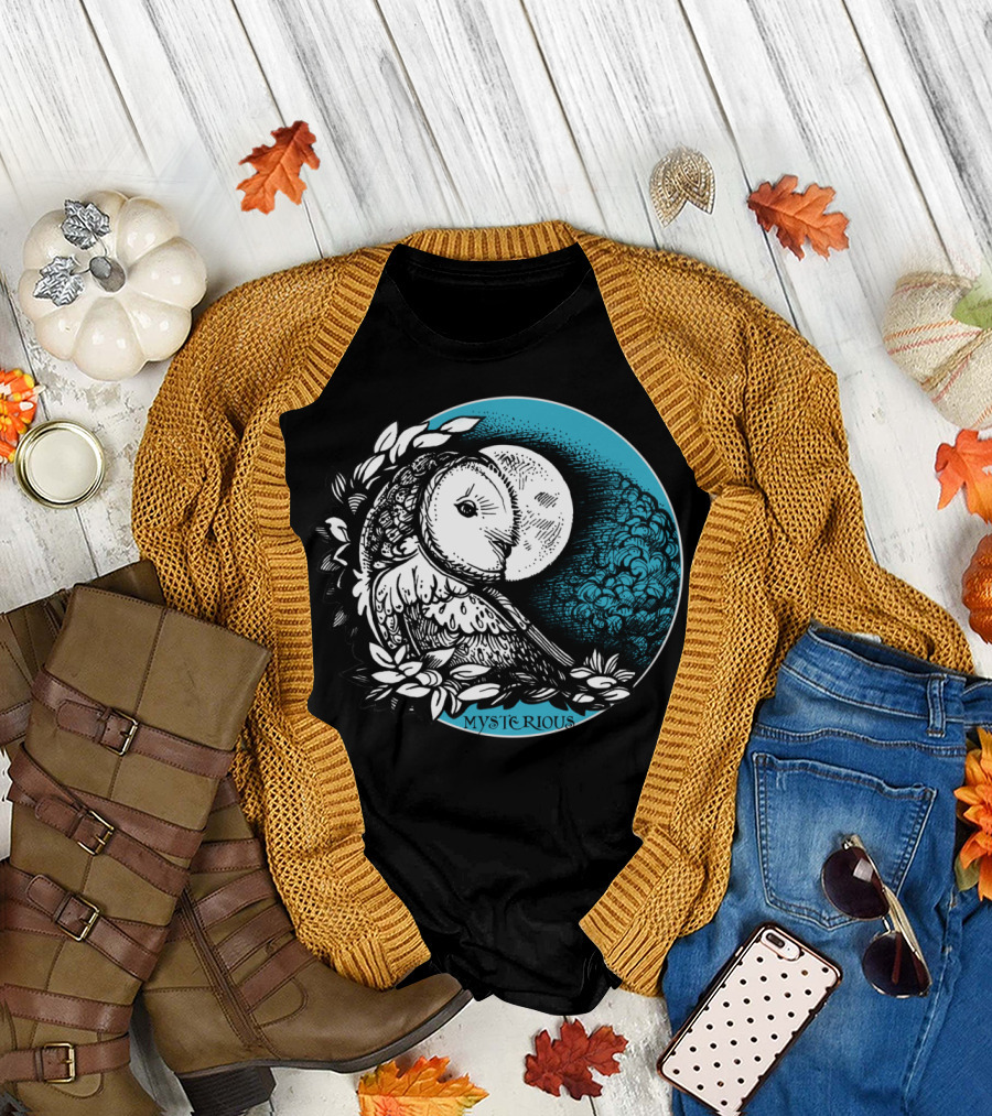 Mysterious Owl with Moon and Floral Accents T-Shirt