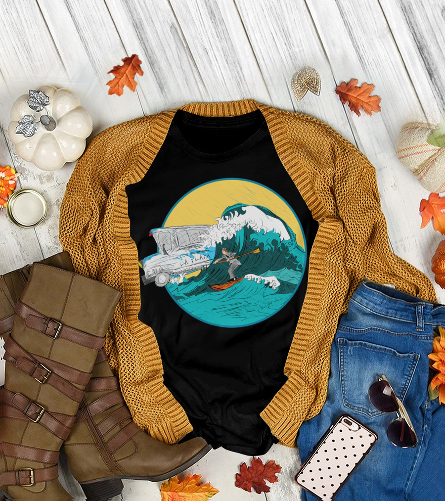 Pedestrian Surfer Navigating Waves with Station Wagon Surfboard Adventure T-Shirt