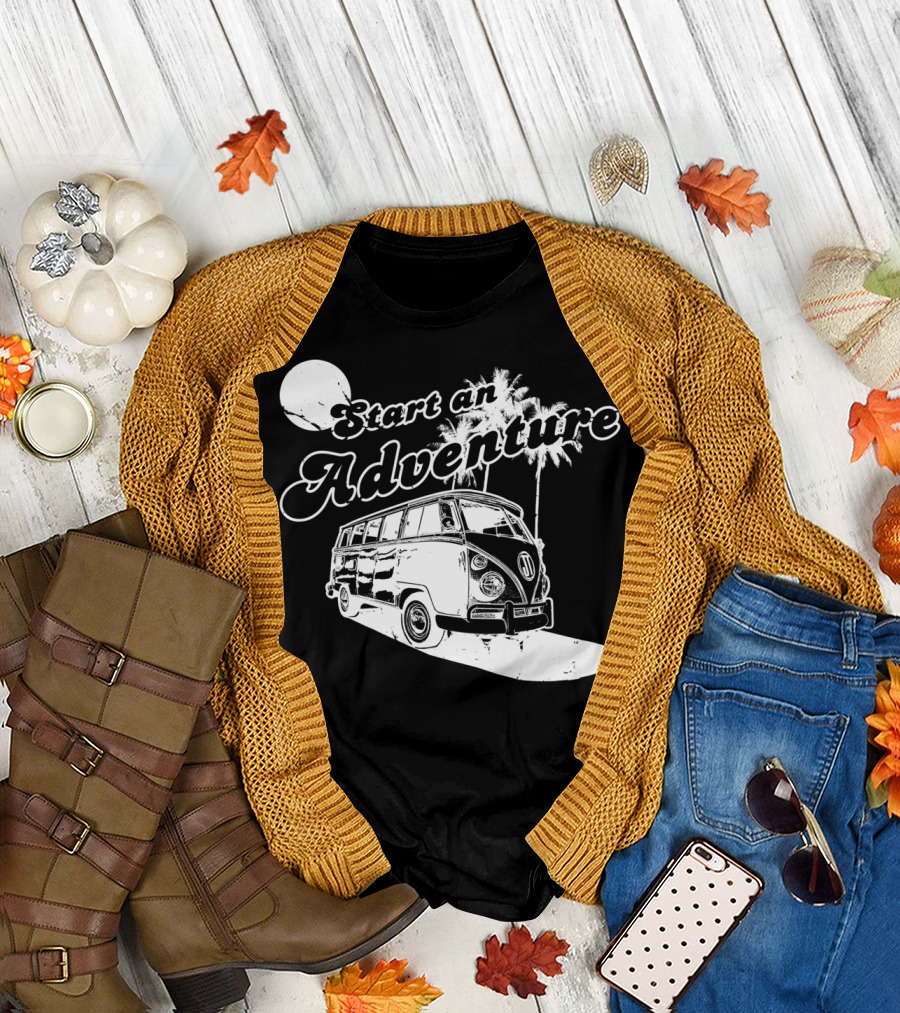 Start an Adventure Road Trippin Classic Van with Palm Trees and Moon T-Shirt