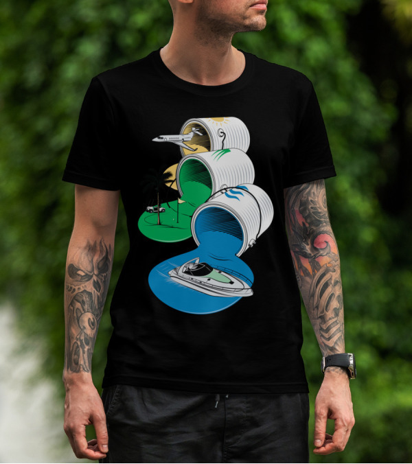 Luxury Escapes With Planes, Palm Trees, And Boats Flowing From Colorful Barrels T-Shirt
