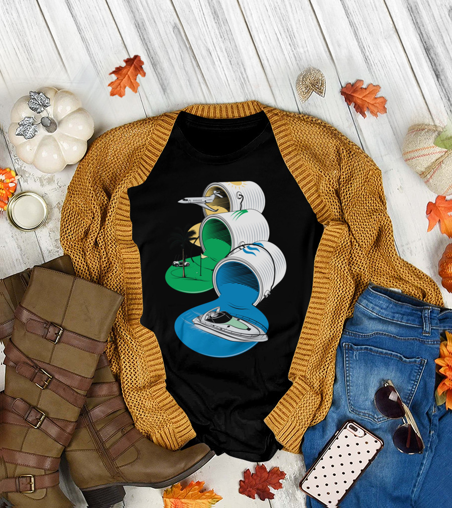 Luxury Escapes with Planes, Palm Trees, and Boats Flowing from Colorful Barrels T-Shirt