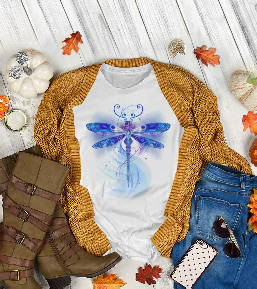 Dragonfly Fantasy Neon Blue Swirl Magic T-Shirt