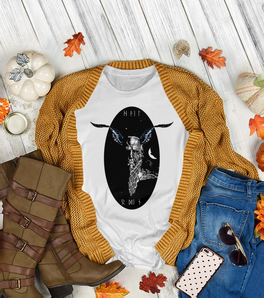 Hail Odin Norse Mythology with Feathers and Moon T-Shirt
