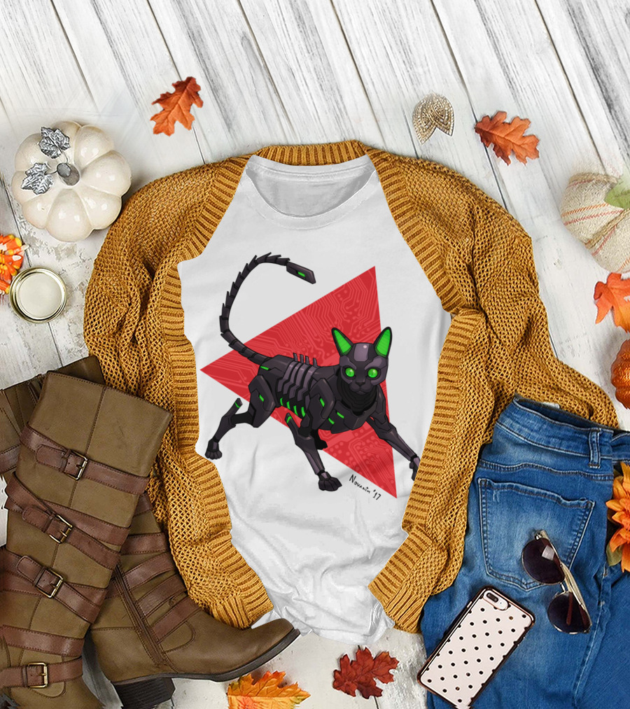 Robo Cat Devon Rex Cybernetic Feline with Circuit Background T-Shirt