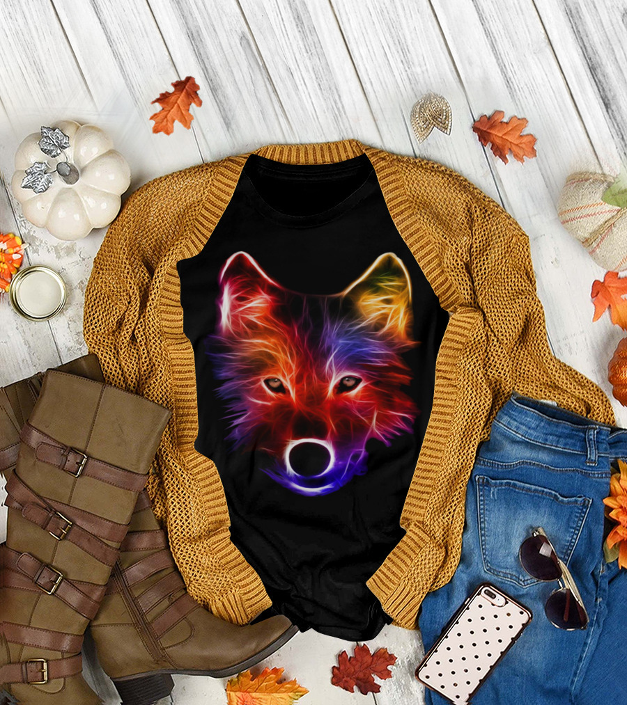 Mystical Pup Rainbow Neon Wolf Face T-Shirt