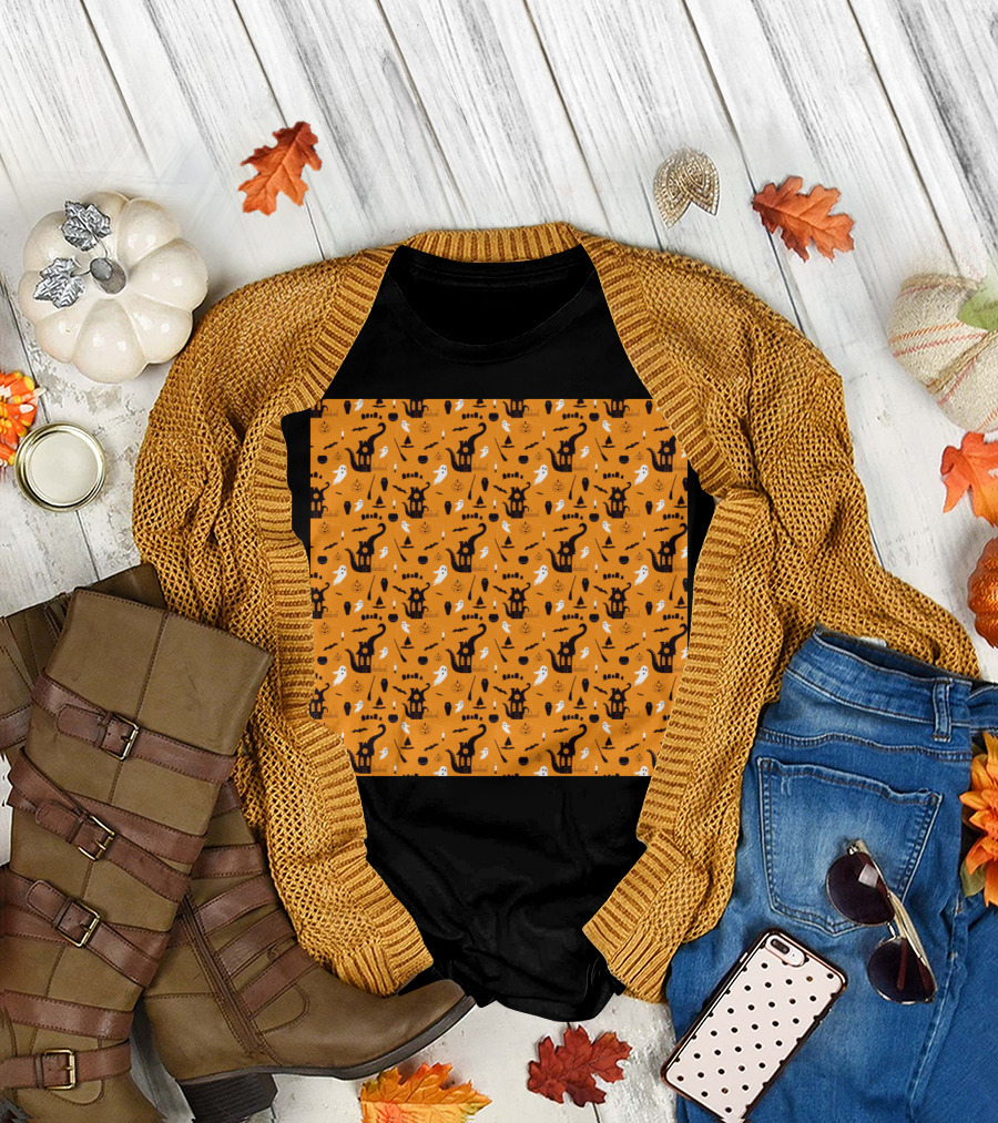 Halloween Ghosts Pumpkins Cats Bats Witches Haunted Houses Orange T-Shirt
