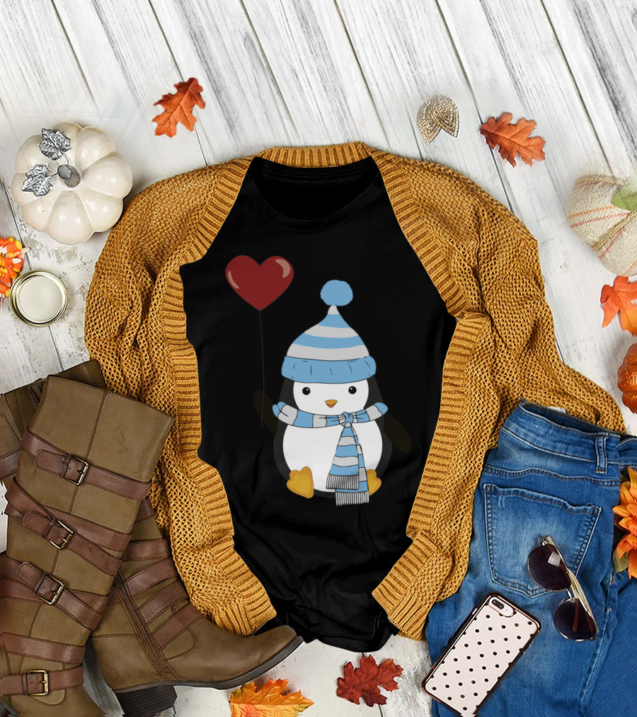 Heart Balloon Penguin in Blue Winter Hat and Scarf T-Shirt